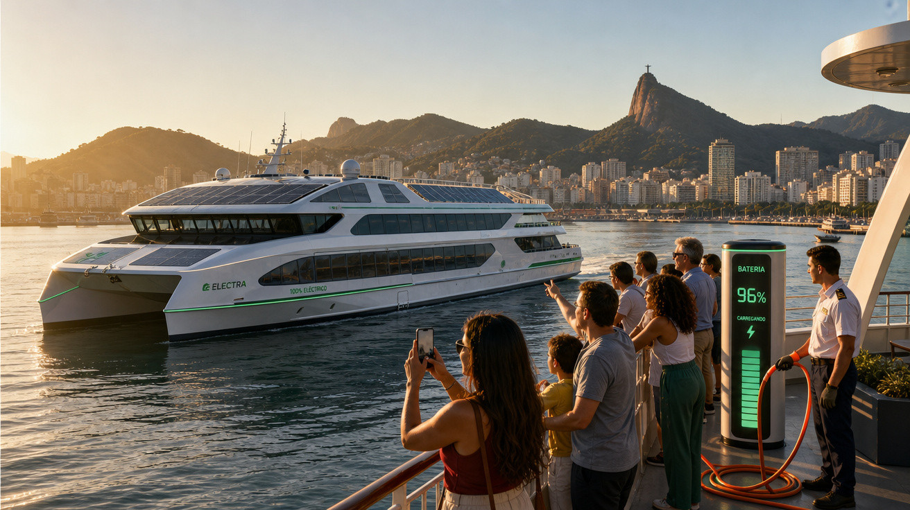 Barco elétrico a entrar no porto com pessoas a observar e carregar bateria em estação à beira-mar ao pôr do sol.