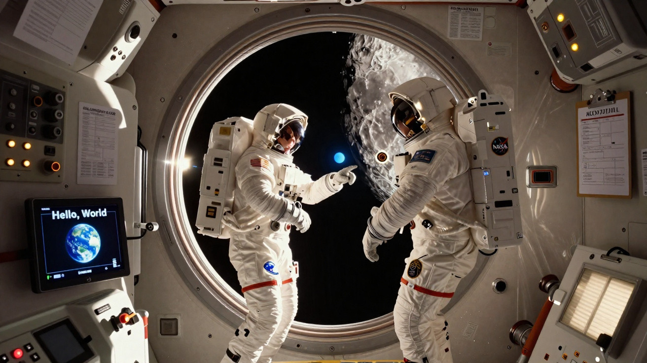 Dois astronautas dentro de uma estação espacial com vista da Terra e da Lua através de uma janela circular.