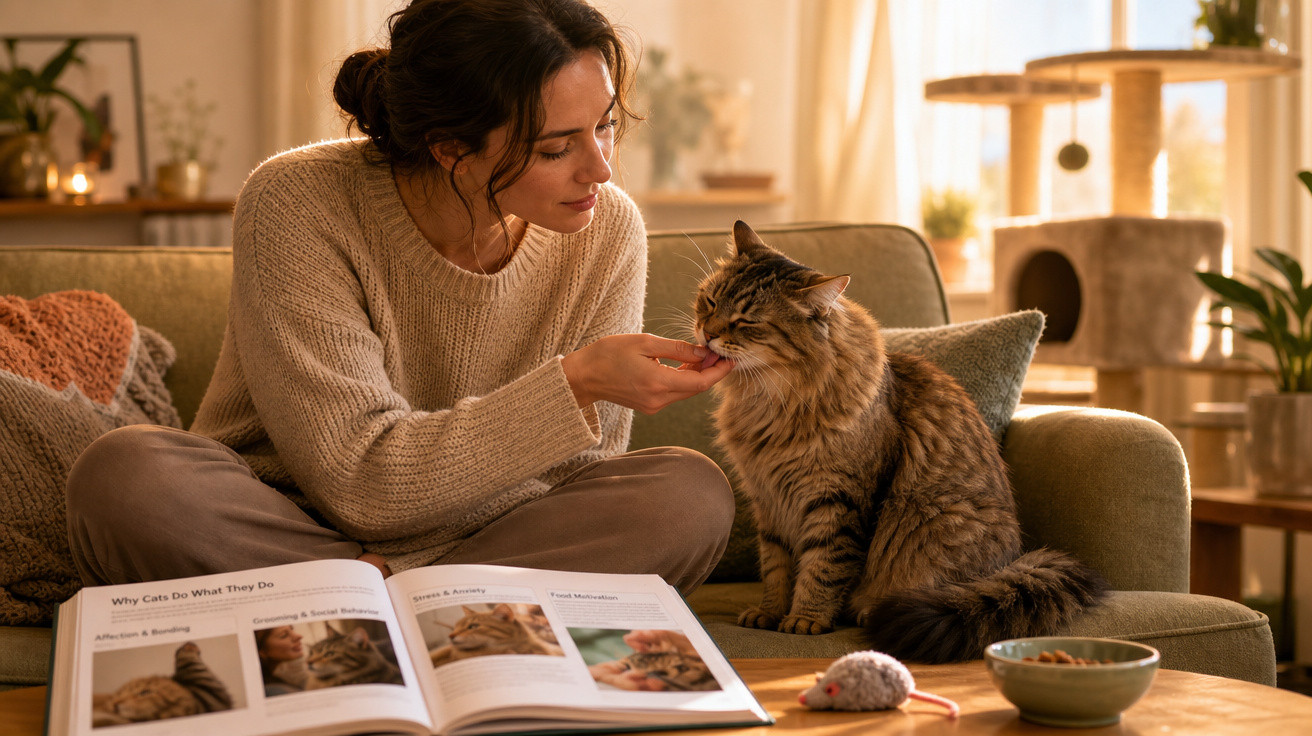 Mulher sentada no sofá a dar comida a um gato enquanto lê um livro sobre gatos.