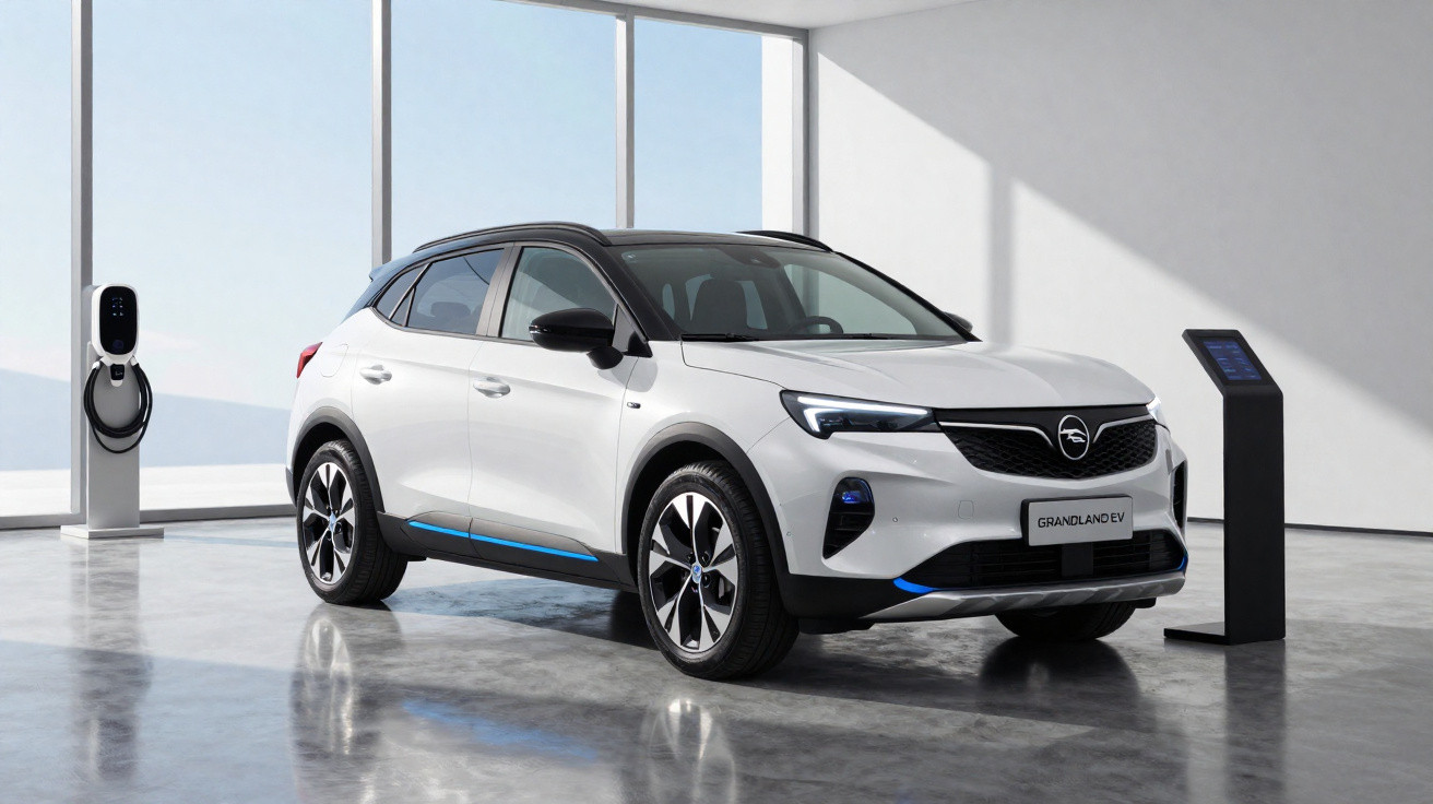 Carro elétrico Opel Grandland EV branco numa garagem moderna junto a estação de carregamento.