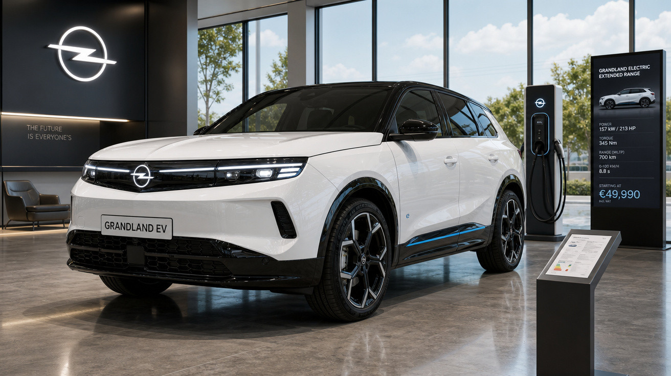 Carro eléctrico Opel Grandland EV branco em exposição numa sala moderna com grandes janelas e sinais informativos.