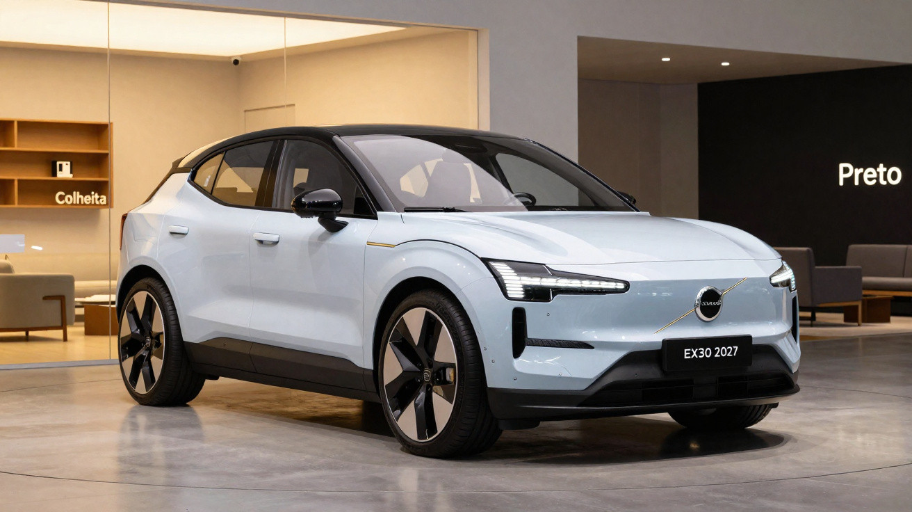 Carro elétrico Volvo EX30 2027 em tom branco azulado, exposto dentro de showroom moderno.