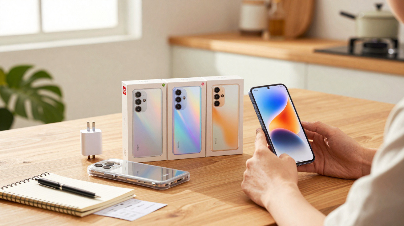 Pessoa segurando telemóvel Android com três caixas de smartphones e acessórios sobre mesa de madeira.