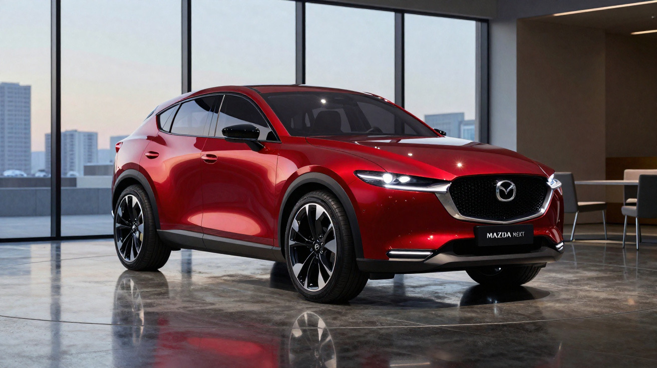 Carro SUV Mazda vermelho brilhante estacionado em piso interior com grandes janelas ao fundo.