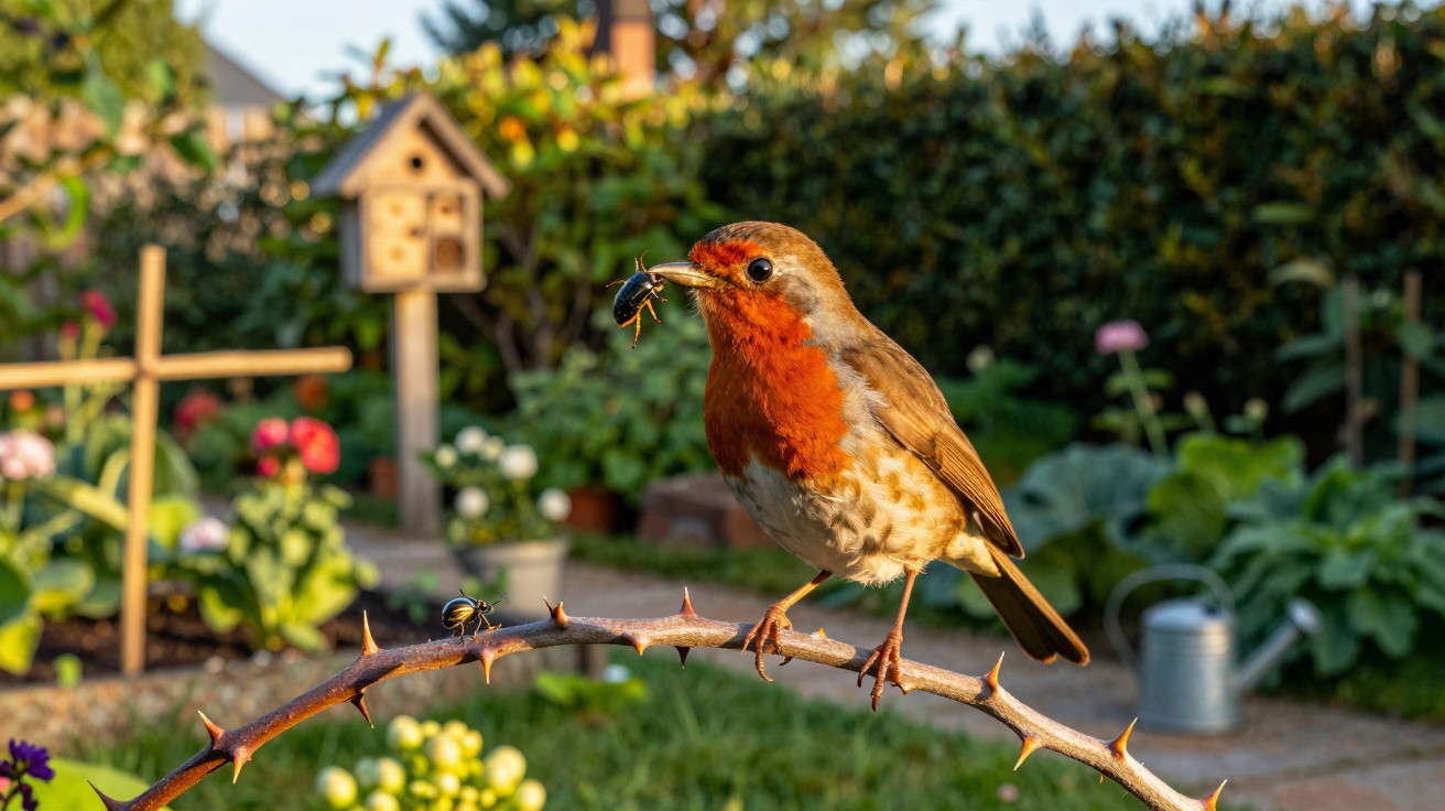 Pardal com peito cor de laranja segurando inseto no bico, pousado num ramo espinhento num jardim com flores.