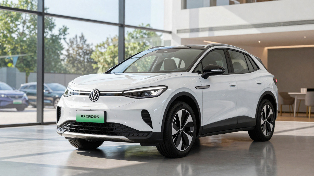 Volkswagen ID. Cross branco estacionado dentro de showroom com janelas amplas e luz natural.