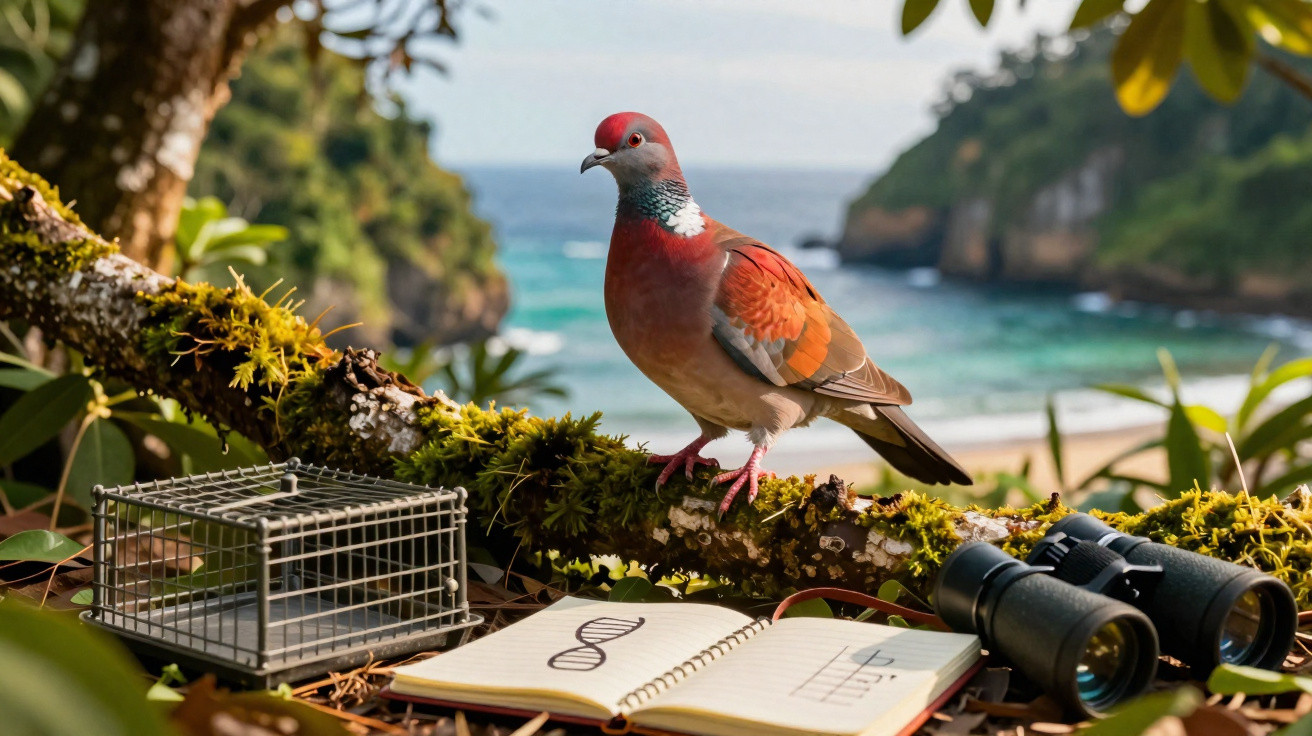 Pomba vermelha pousada num ramo com caderno, binóculos e gaiola num ambiente natural perto do mar.
