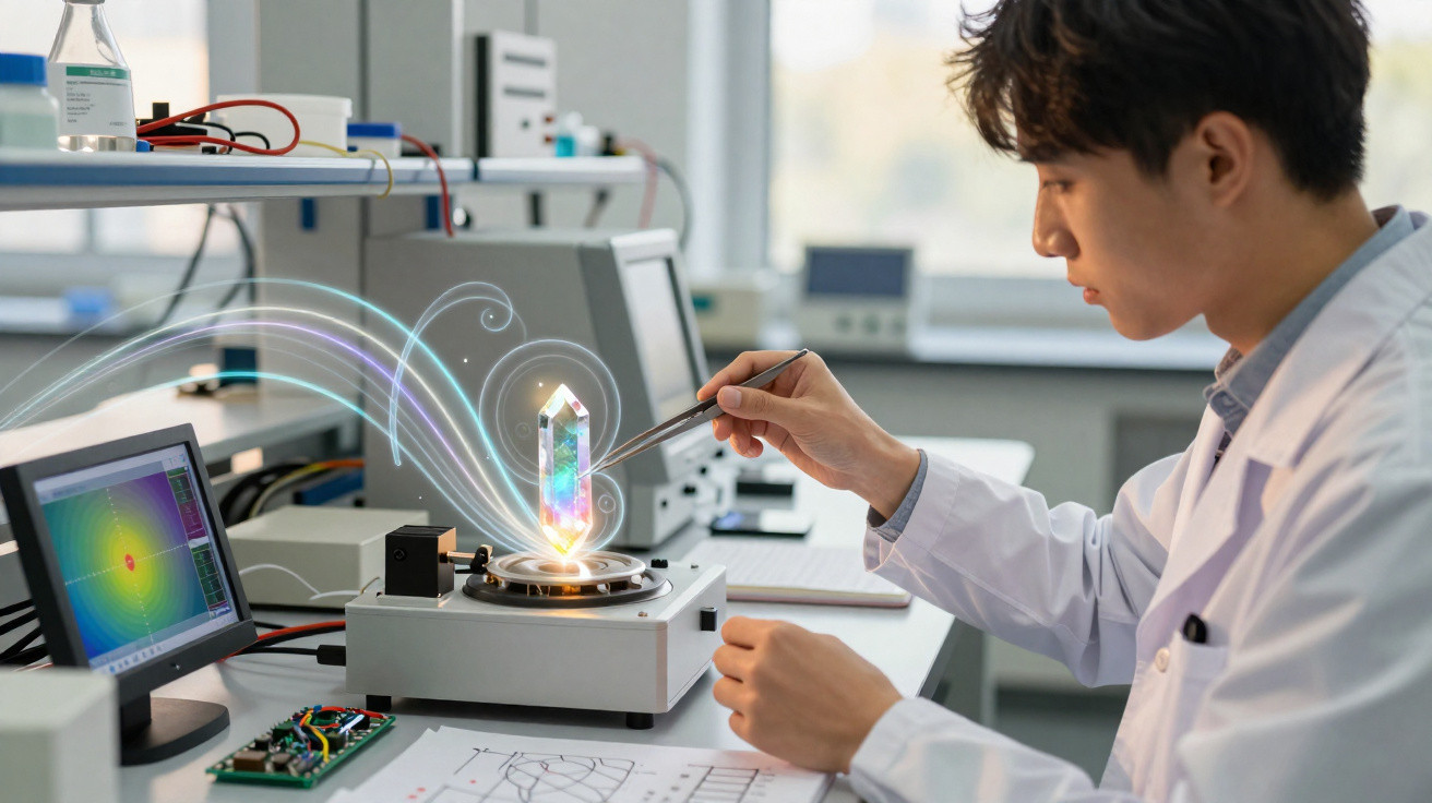 Cientista em laboratório com bata branca manipula cristal luminoso holográfico sobre equipamento tecnológico.