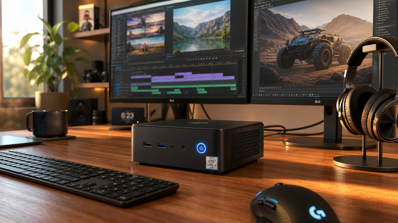 Estação de trabalho com mini PC, teclado, rato, auscultadores e dois ecrãs com edição de vídeo e imagens.