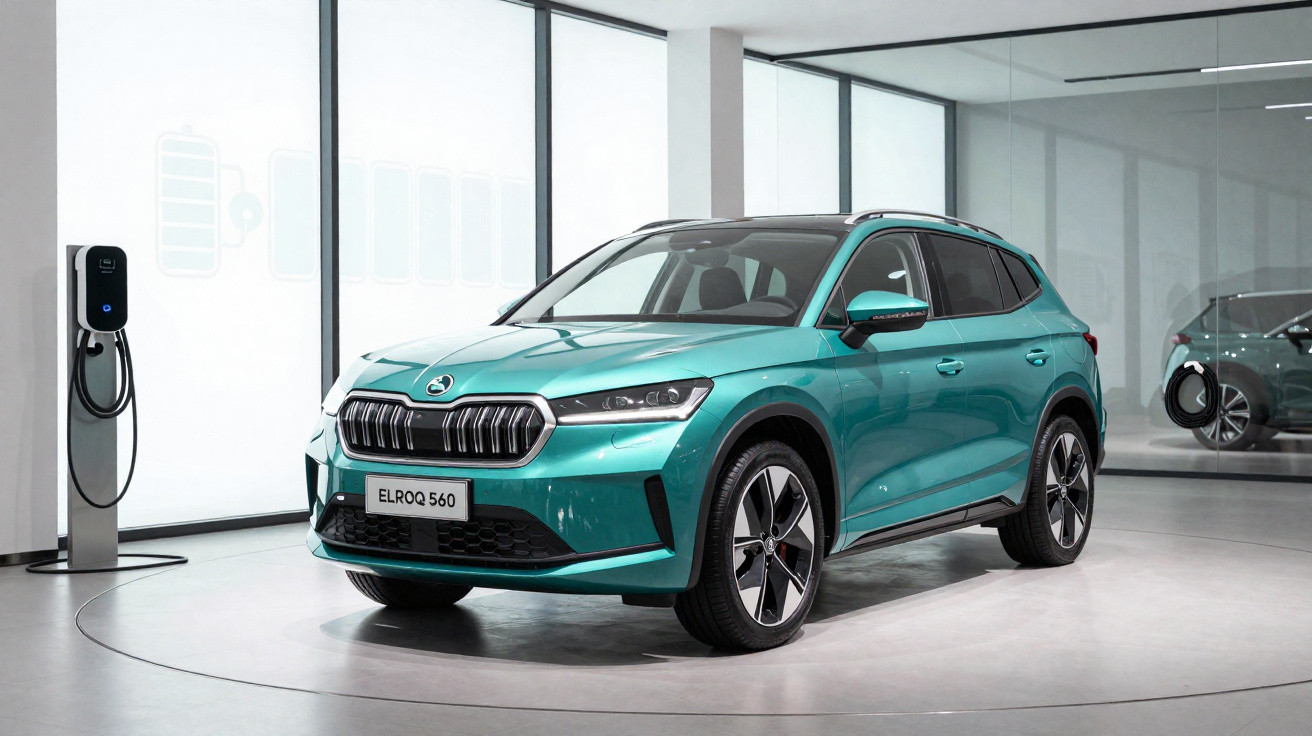 Carro elétrico Škoda Elroq 560 verde num showroom moderno junto a posto de carregamento.