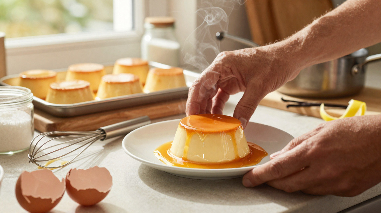 Mãos a colocar pudim de caramelo quente num prato branco numa cozinha com ingredientes e mais pudins ao fundo.