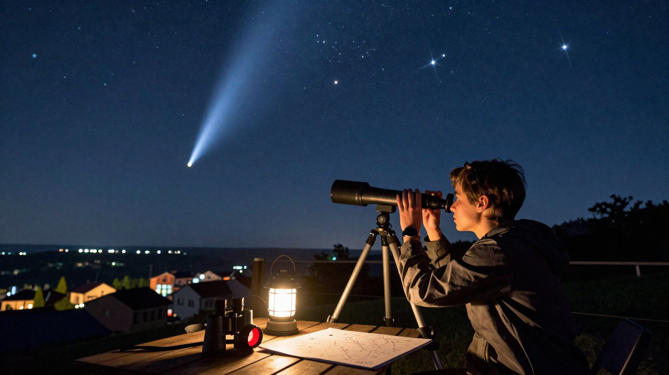 Jovem observa o céu estrelado com telescópio, com mapa celeste e lanterna numa mesa ao luar.