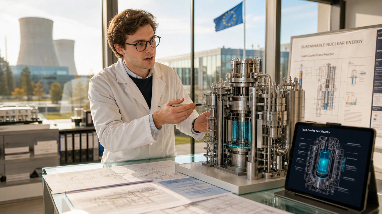 Cientista explica modelo de reator nuclear numa sala de laboratório com usina e bandeira europeia ao fundo.