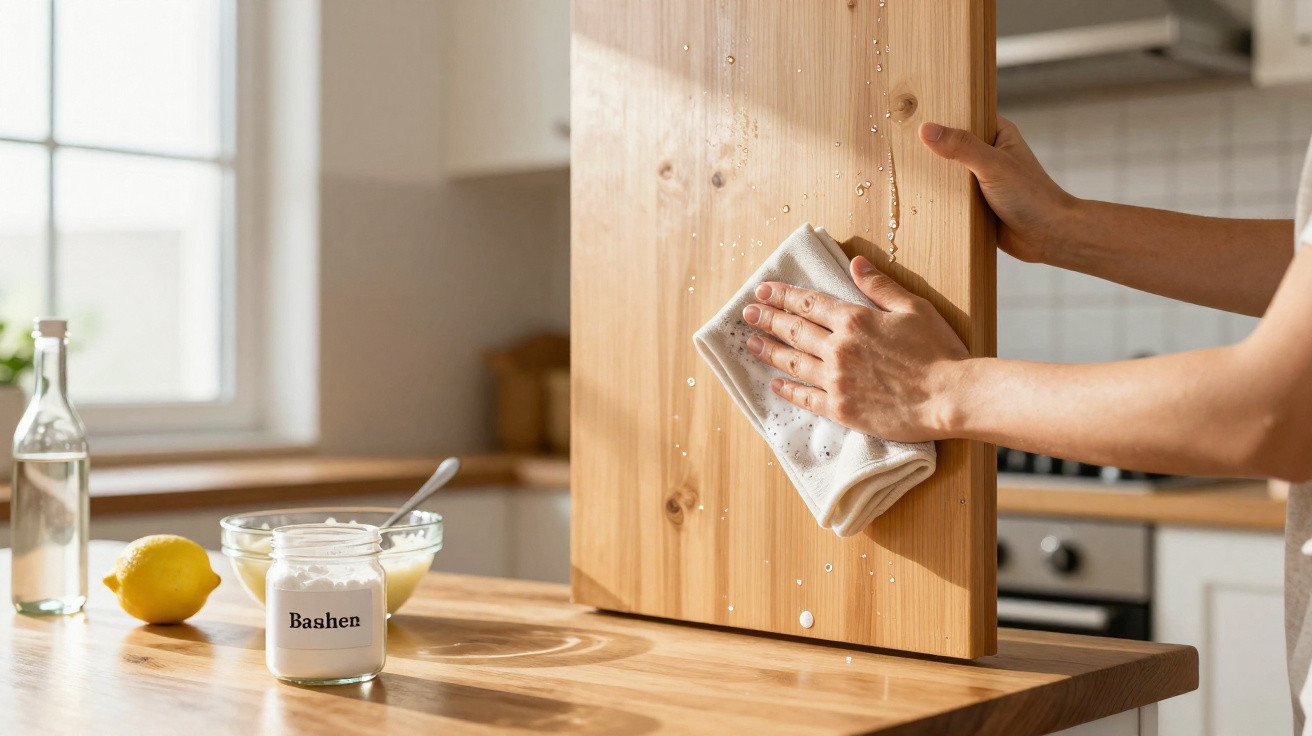 Pessoa a limpar uma porta de madeira na cozinha com um pano branco e produtos de limpeza na bancada.