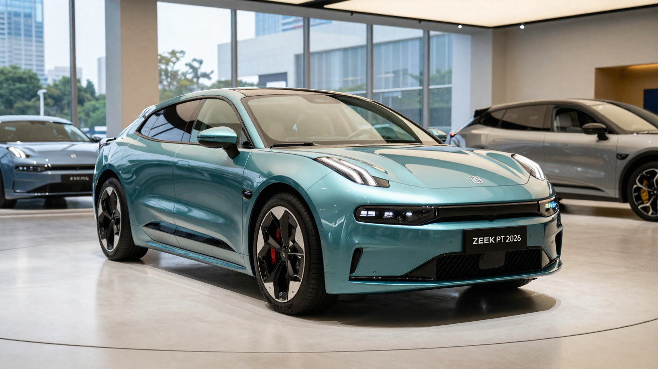 Carro elétrico azul esverdeado ZEEK PT 2026 exposto em salão moderno com outros veículos ao fundo.