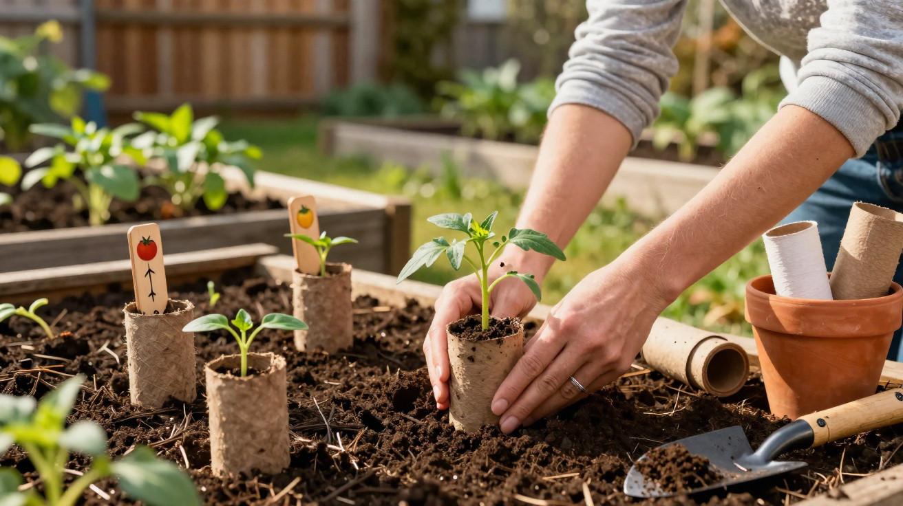 Mãos a plantar muda de tomate em vaso biodegradável num canteiro de terra saudável num jardim.