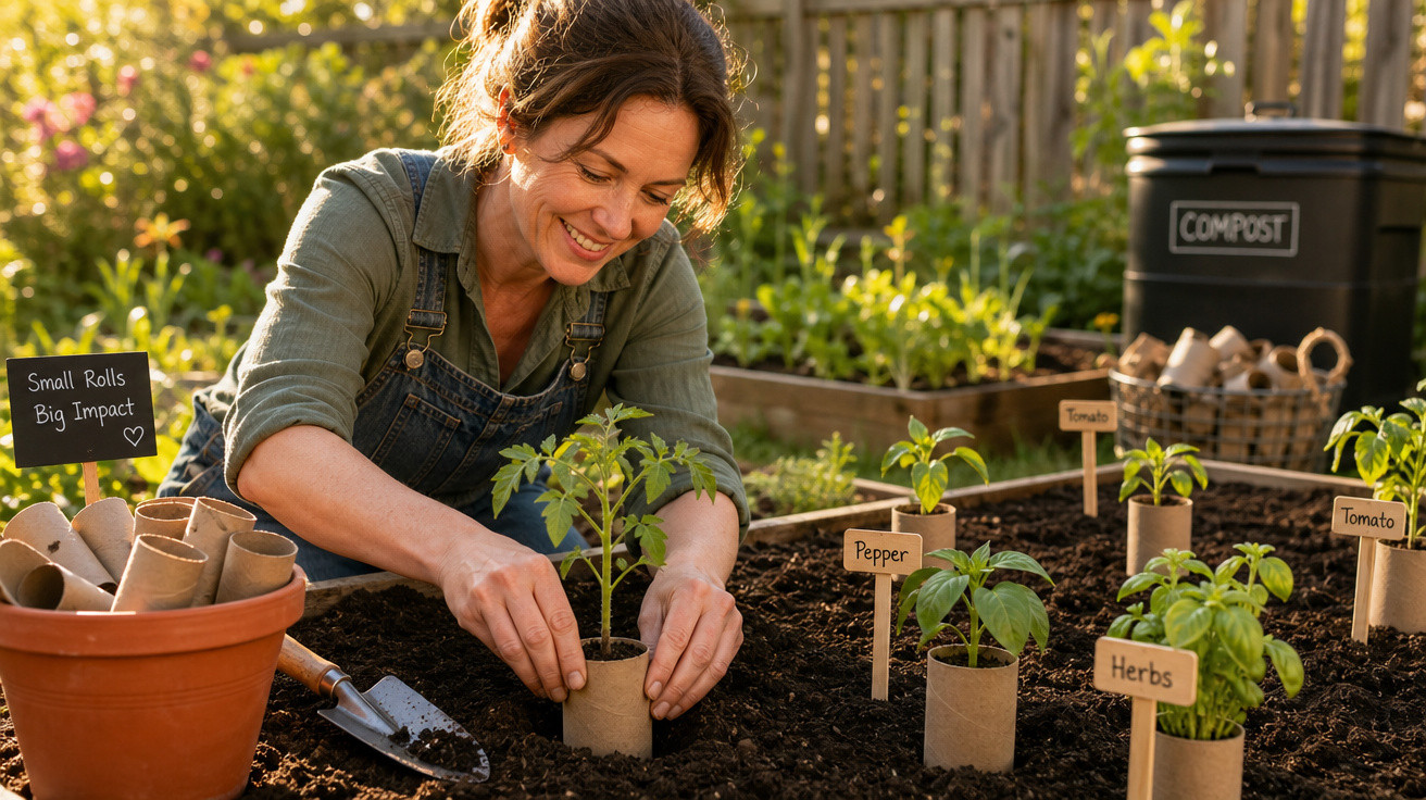 Mulher a plantar ervas e legumes em vasos biodegradáveis num jardim com luz solar suave.