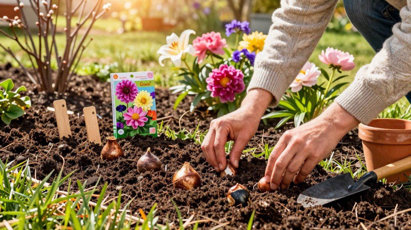 Mãos plantam bulbos de flores num canteiro com ferramentas e flores coloridas ao fundo numa manhã ensolarada.
