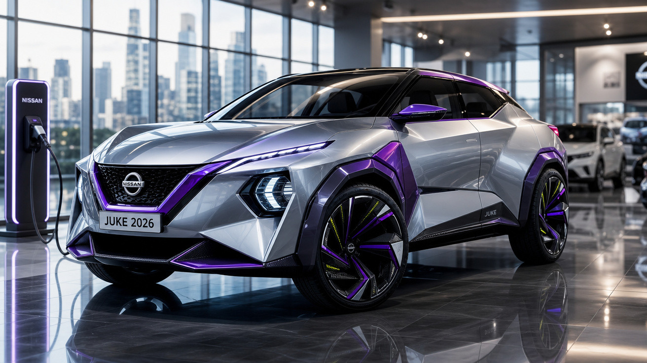 Carro elétrico Nissan Juke 2026 cinzento e roxo em exposição numa sala moderna com janelas grandes.