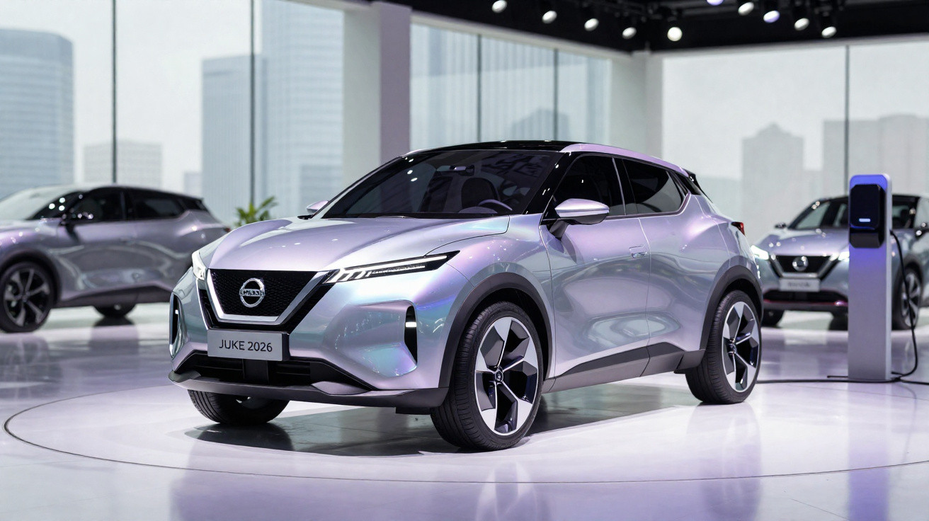 Automóvel elétrico Nissan Juke 2026 cinzento exposto numa feira automóvel moderna e iluminada.