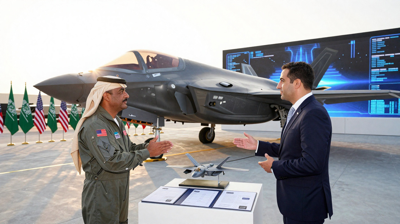 Dois homens em diálogo à frente de um caça militar e um modelo de avião num espaço expositivo.