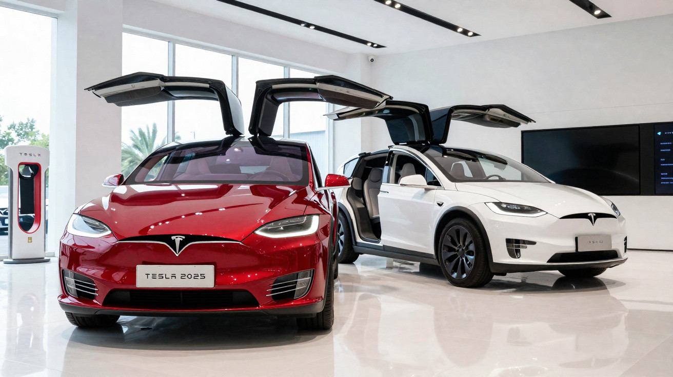 Dois carros Tesla com portas tipo asas de gaivota abertas numa sala de exposição moderna.