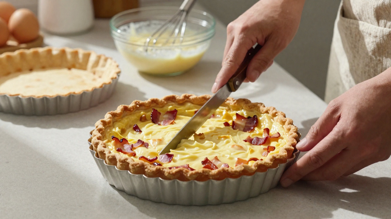 Mãos a cortar uma tarte de creme decorada com pedaços de fruta numa cozinha luminosa.