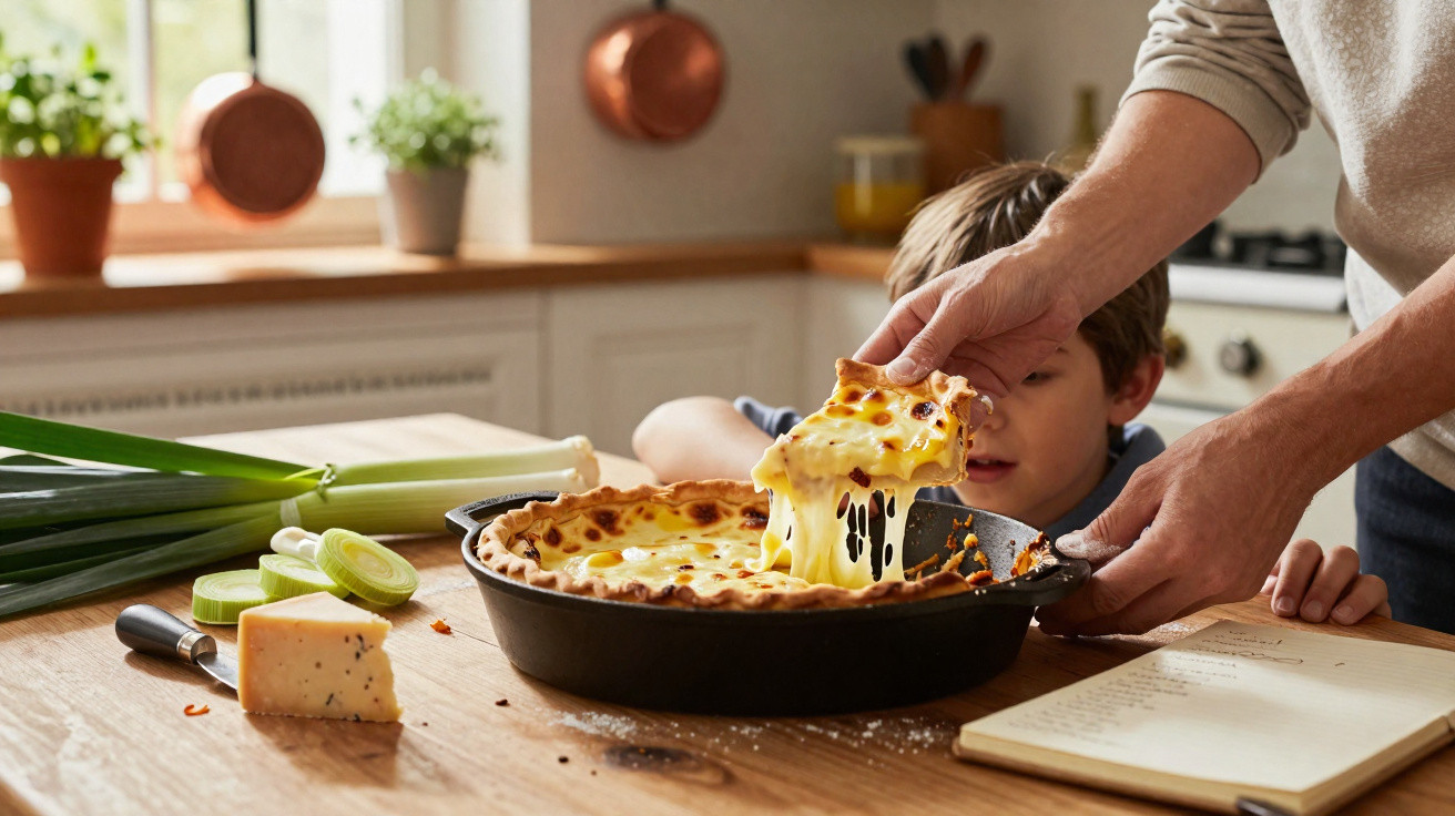 Uma criança observa enquanto um adulto retira uma fatia de quiche com queijo derretido numa cozinha iluminada.