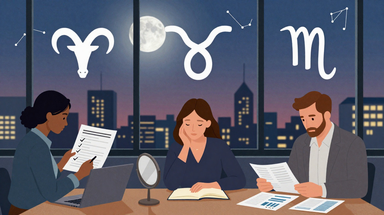 Três pessoas a trabalhar à mesa à noite com símbolos de signos do zodíaco no fundo e cidade ao luar.