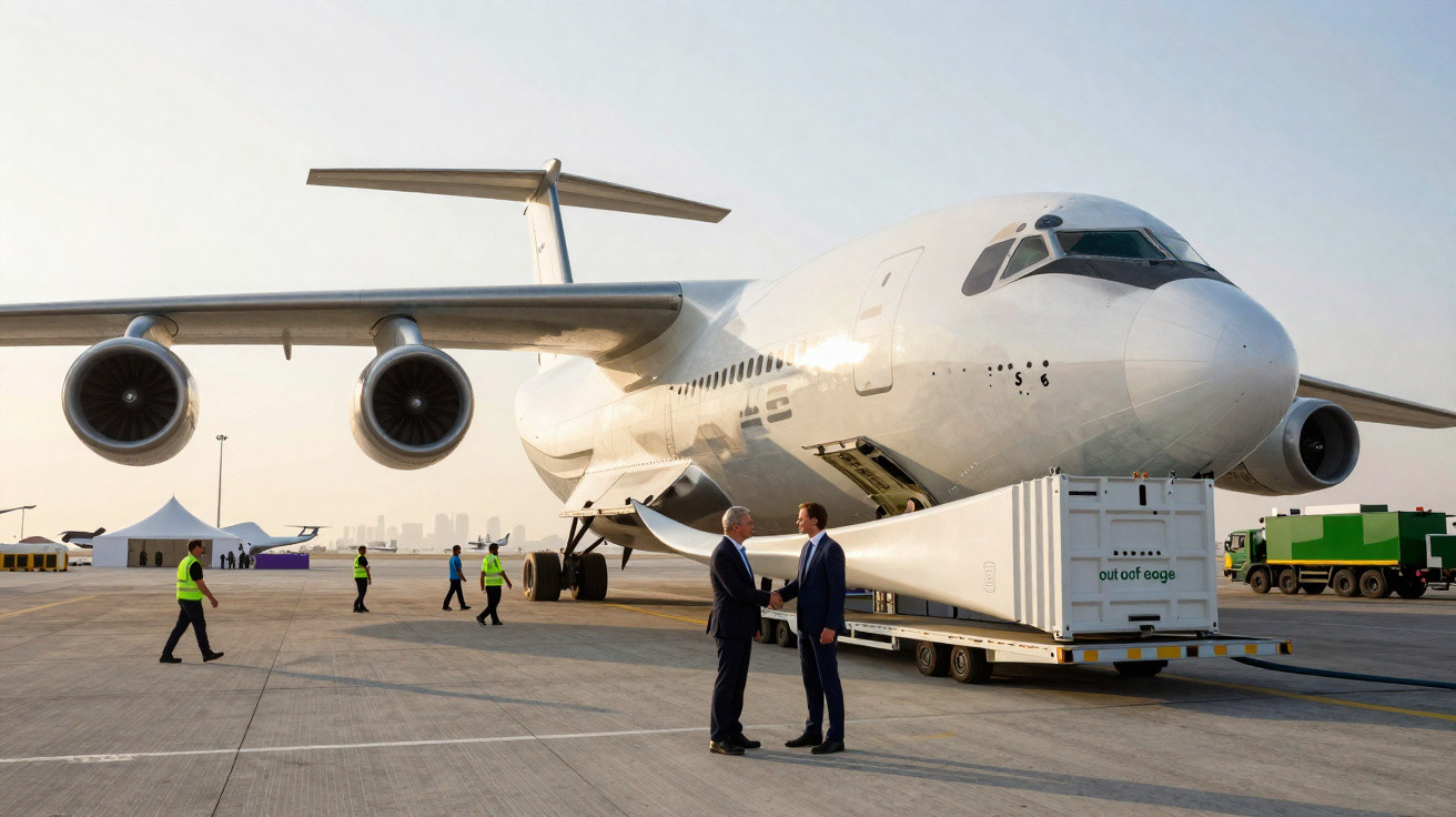 Avião cargueiro branco no aeroporto com duas pessoas a cumprimentar-se à frente.