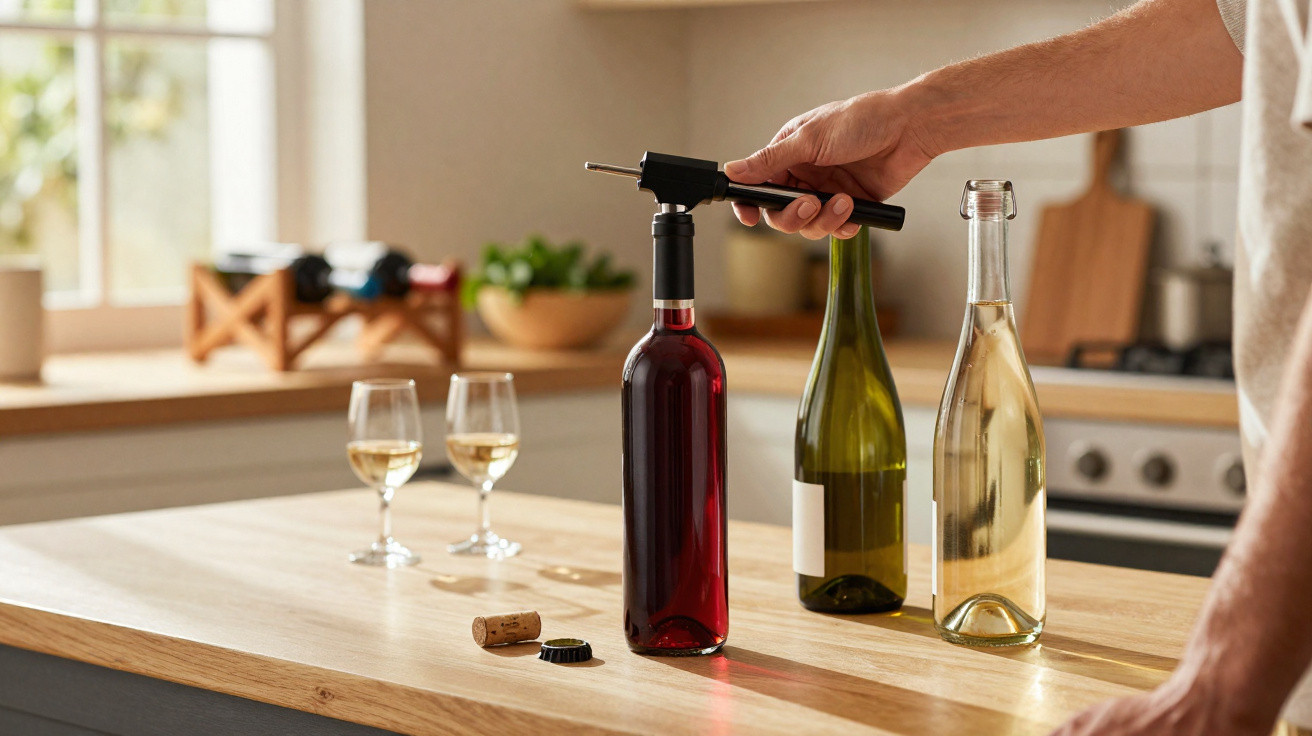 Pessoa a abrir garrafa de vinho tinto com saca-rolhas na cozinha, com duas taças e outras garrafas à frente.