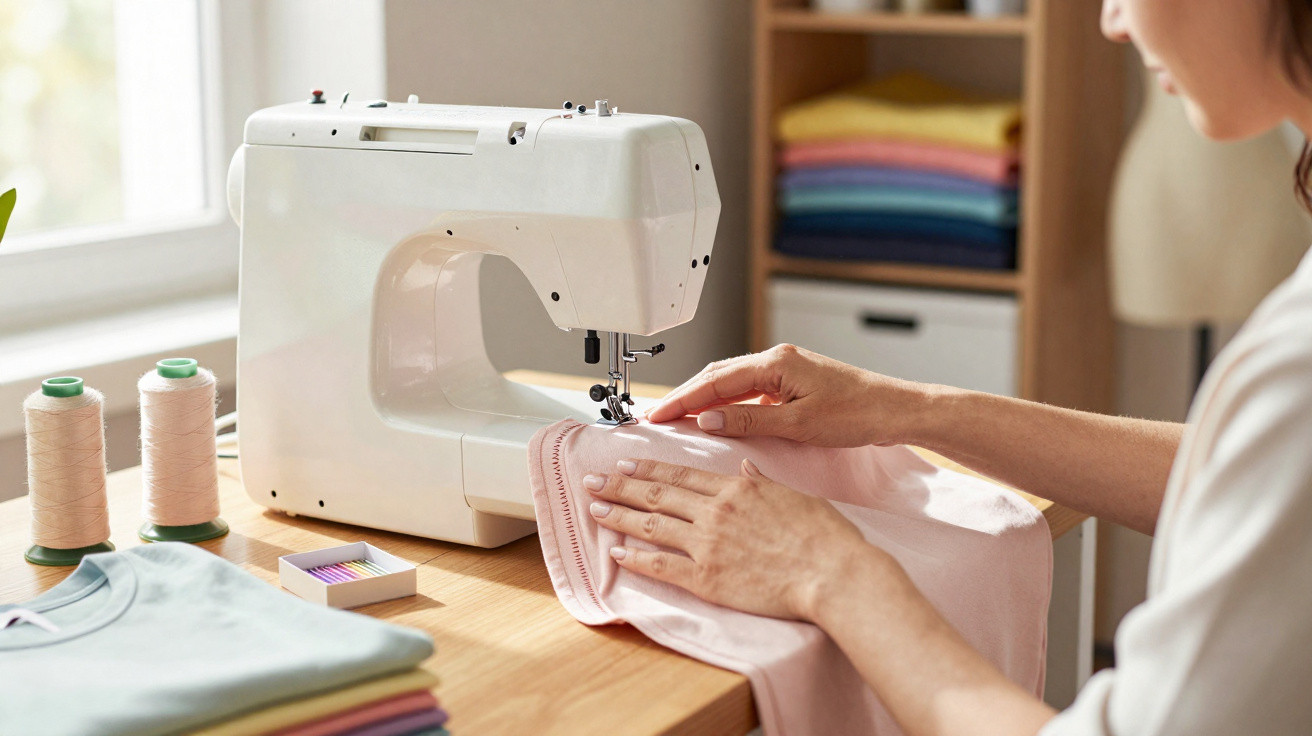 Pessoa a costurar tecido cor-de-rosa numa máquina de costura branca numa mesa com linhas e roupa dobrada.