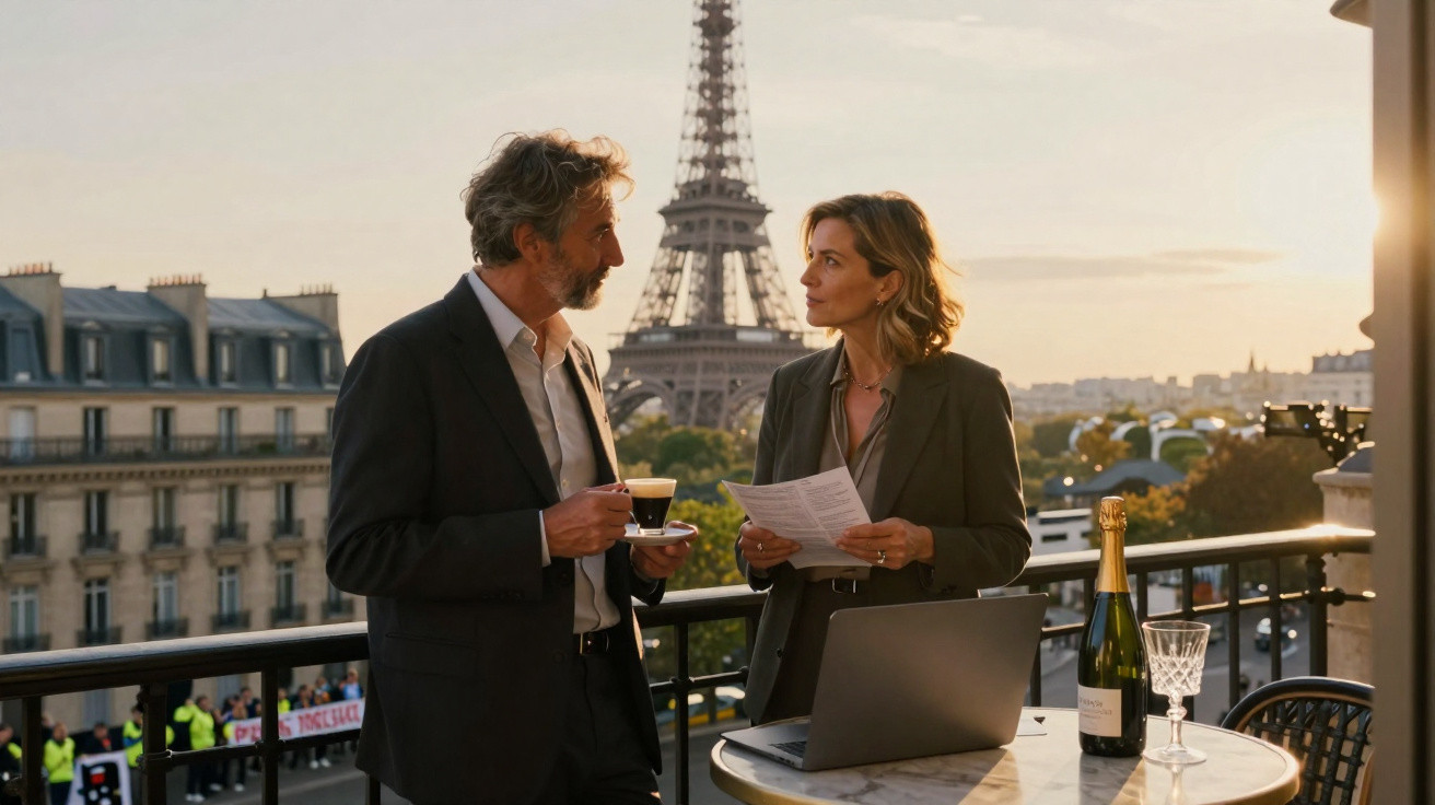 Duas pessoas a conversar numa varanda em Paris com a Torre Eiffel ao fundo ao pôr do sol.