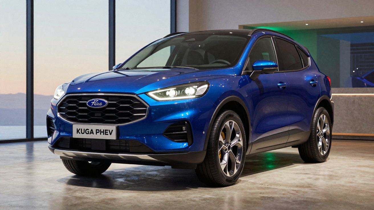 Automóvel SUV Ford Kuga PHEV azul estacionado em ambiente interior moderno com grandes janelas.