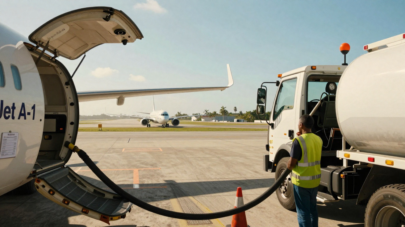 Abastecimento de combustível a avião privado no aeroporto, com camião cisterna e operário em colete refletor.