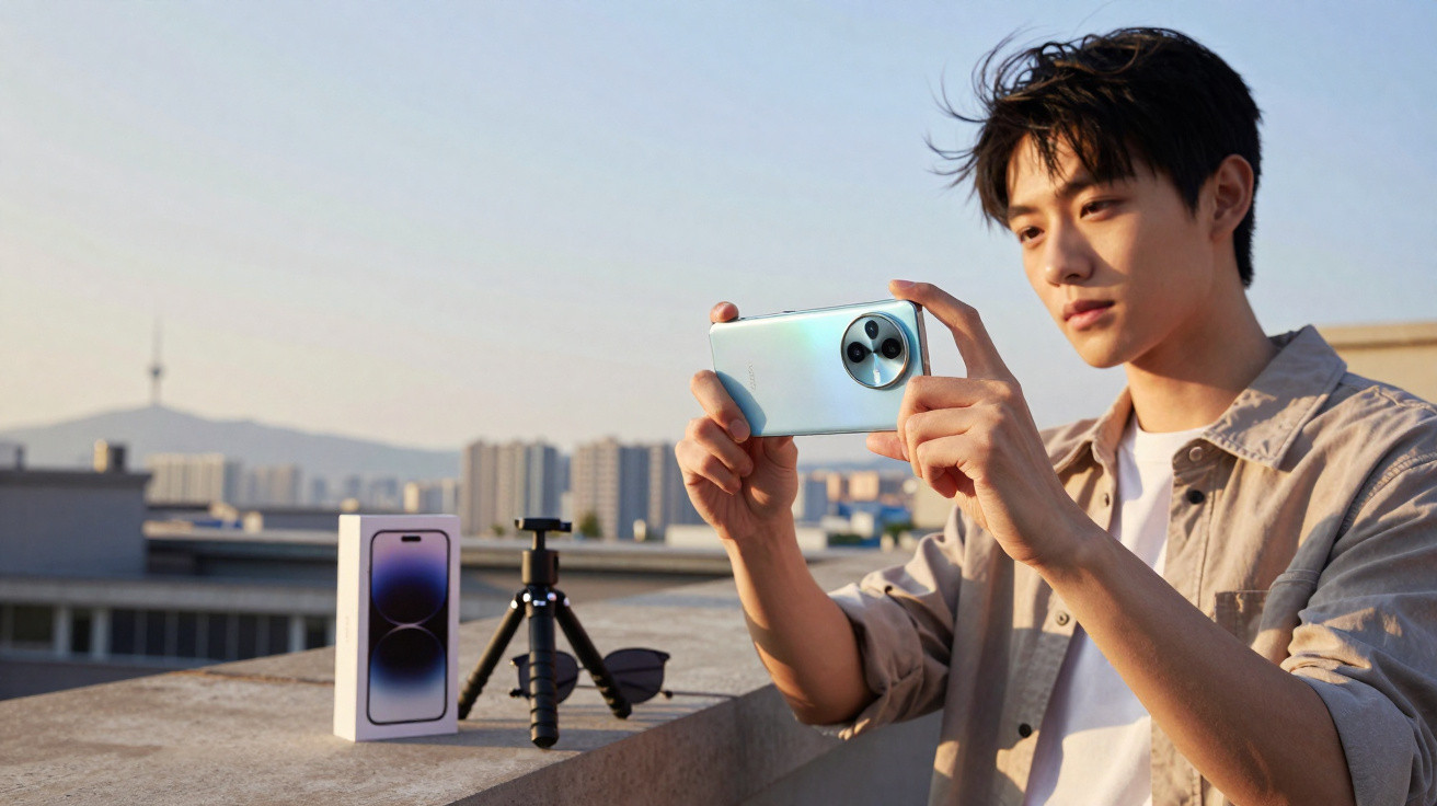 Jovem a tirar foto com smartphone num terraço, com caixa do telemóvel, tripé pequeno e óculos.