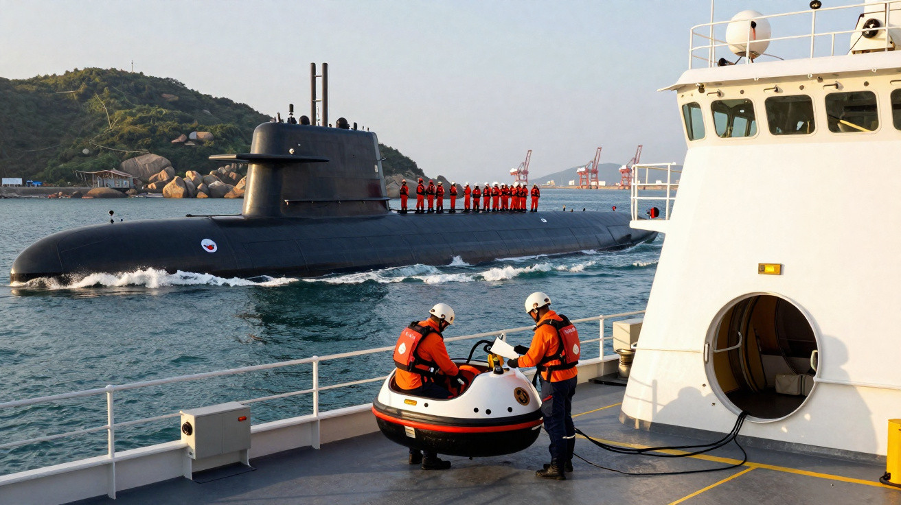 Submarino preto ao largo com tripulantes alinhados na torre e dois tripulantes com equipamento de salvamento no convés de nav