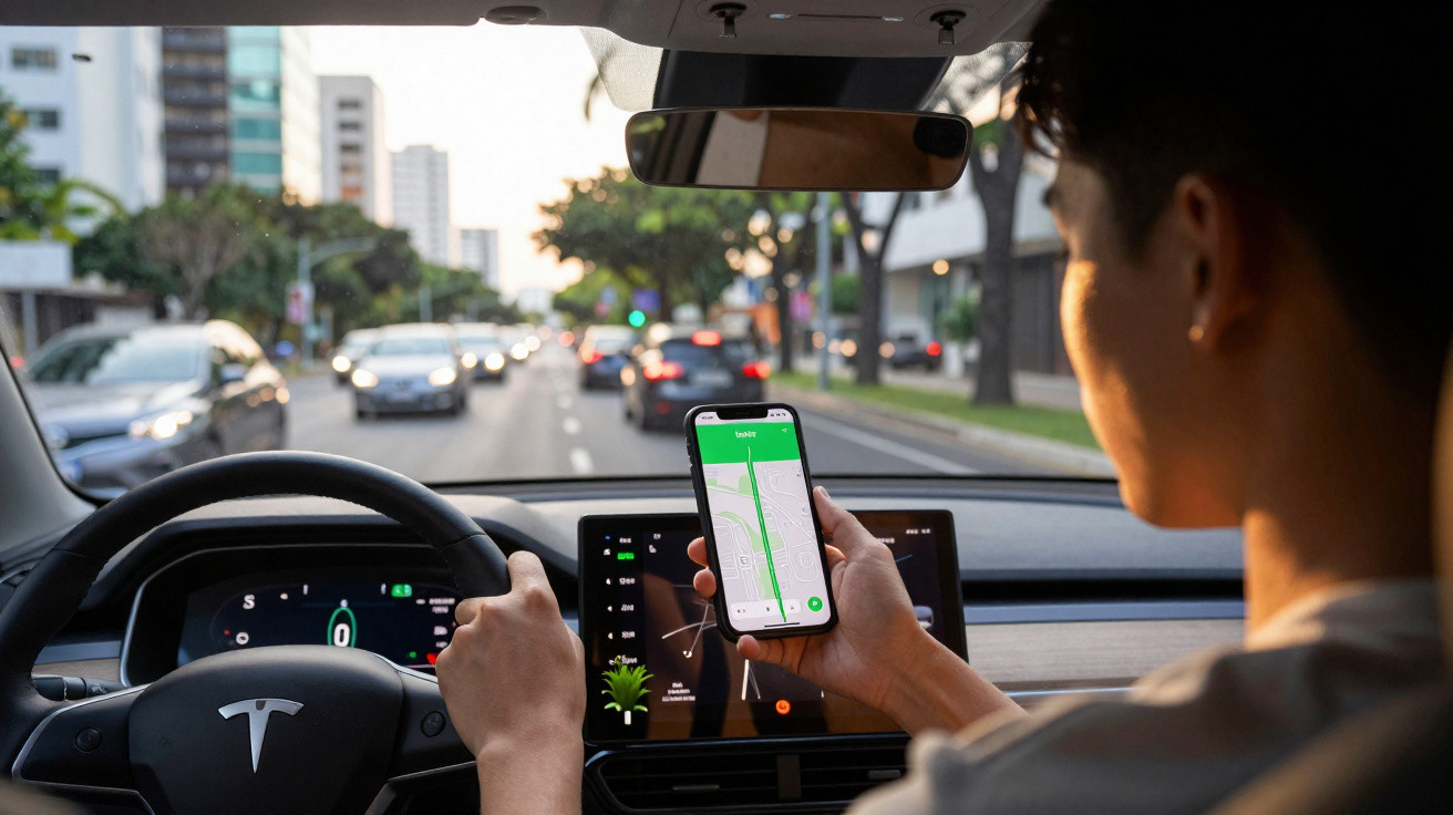 Condutor a segurar telefone com aplicação de navegação num carro Tesla em estrada urbana movimentada.