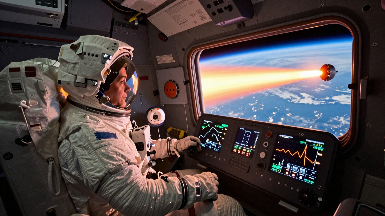 Astronauta numa cabine espacial observa cápsula a reentrar na atmosfera da Terra.