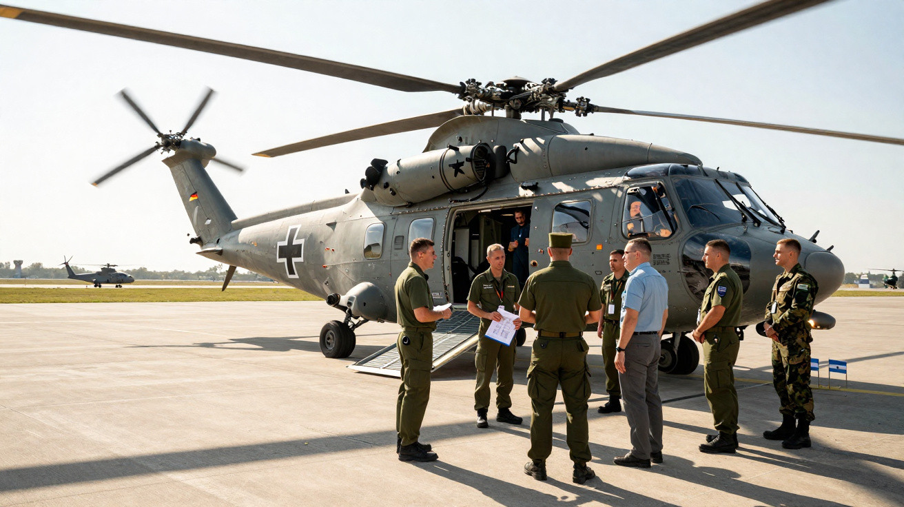 Soldados em uniforme reúnem-se junto a um helicóptero militar cinzento numa pista de aterragem ensolarada.