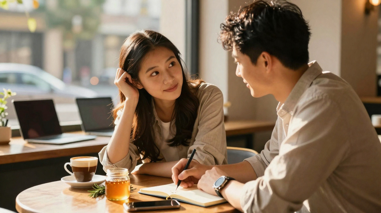 Casal jovem conversa numa mesa de café com cadernos, bebidas e dois computadores ao fundo.