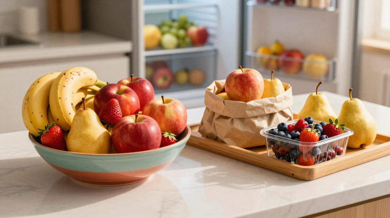 Fruteira com bananas, maçãs, pêras e morangos ao lado de recipientes com frutas variadas em bancada de cozinha.