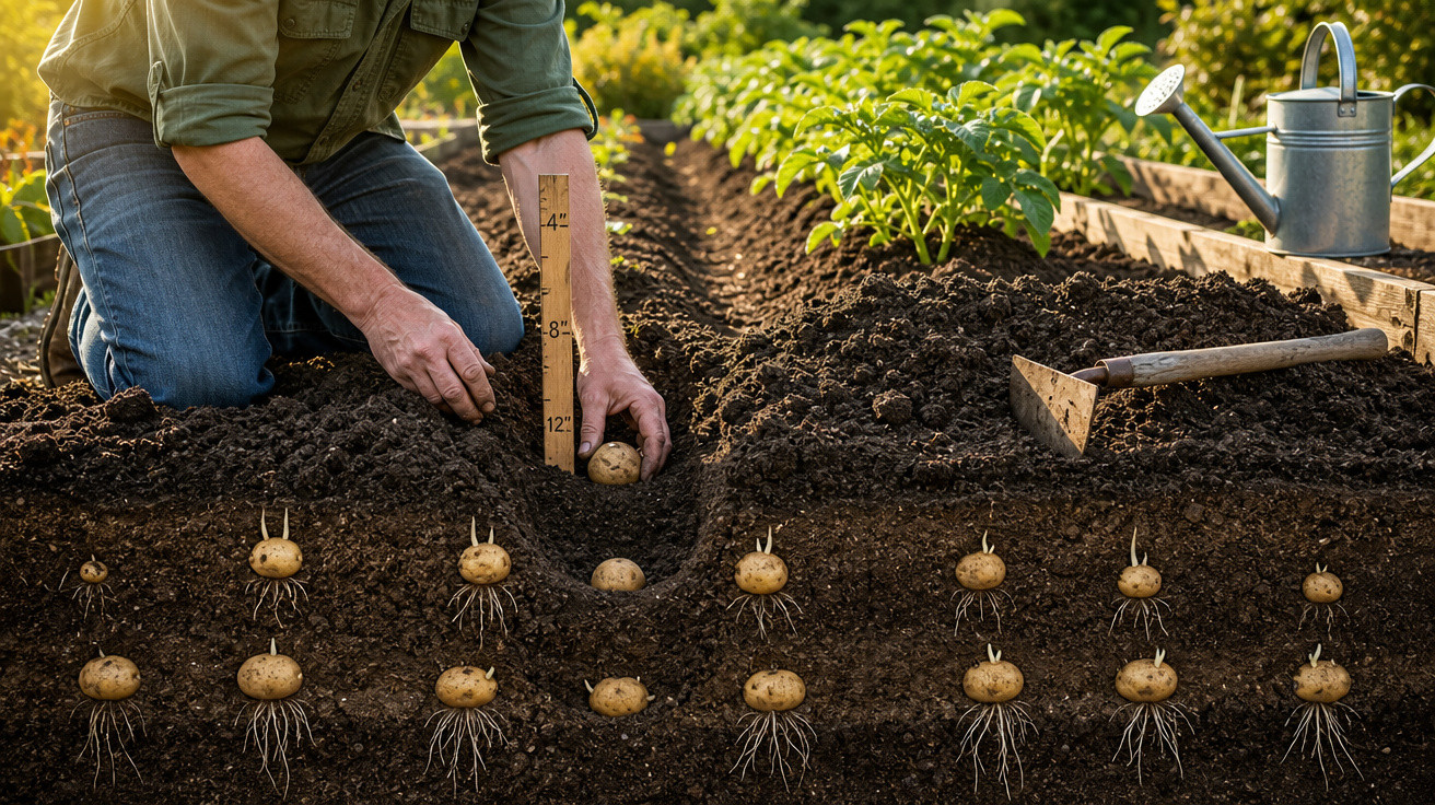 Homem a plantar batatas num solo agrícola, mostrando raízes e tubérculos em diferentes profundidades.