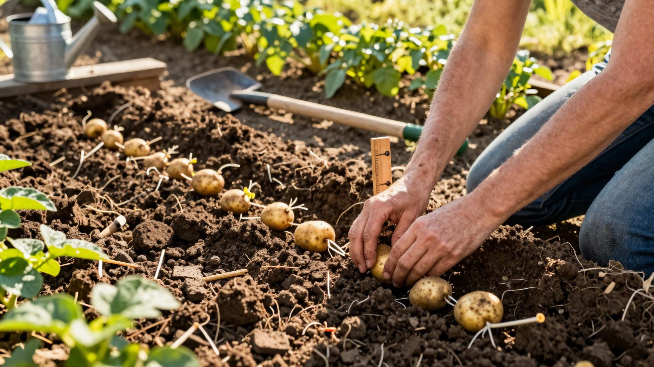 Pessoa a plantar batatas num canteiro, com regador e enxada ao fundo no jardim.