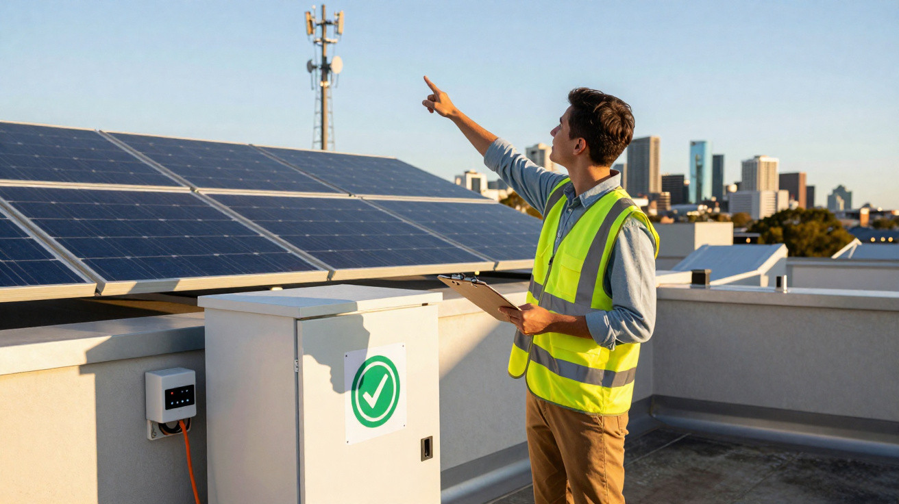 Técnico com colete refletor inspeciona painéis solares numa cobertura urbana ao pôr do sol.