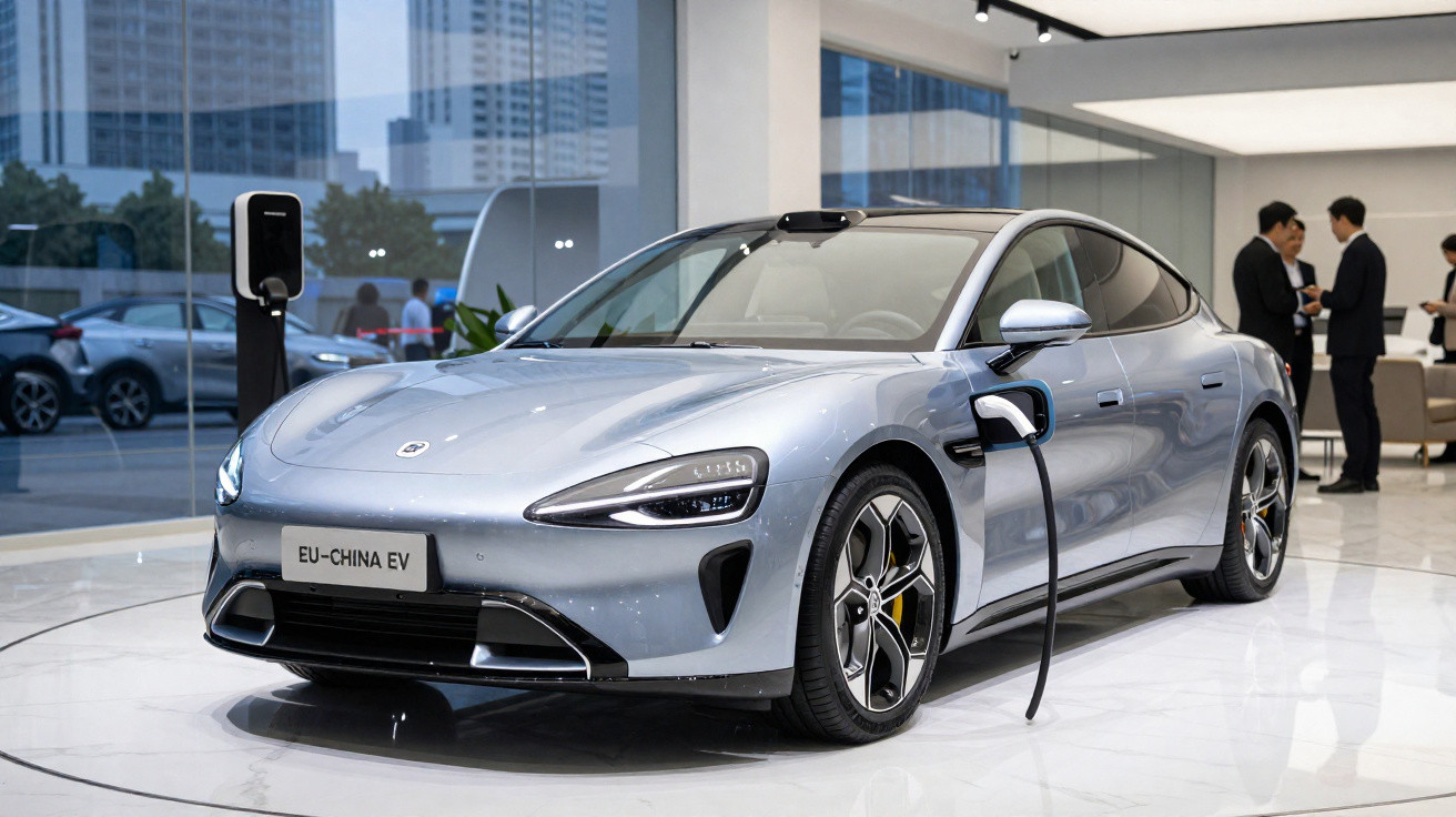 Carro elétrico cinza numa exposição interior a ser carregado com pessoas ao fundo.