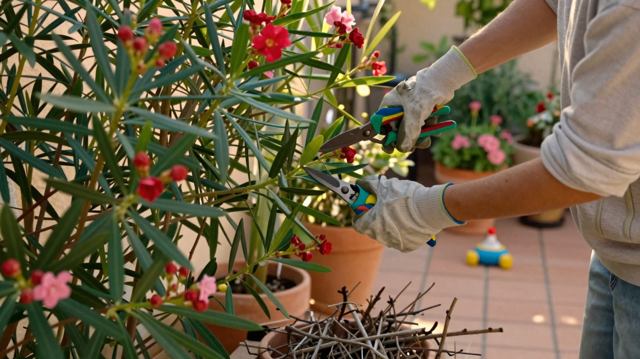 Pessoa a podar plantas floridas em vasos num terraço com luvas brancas.
