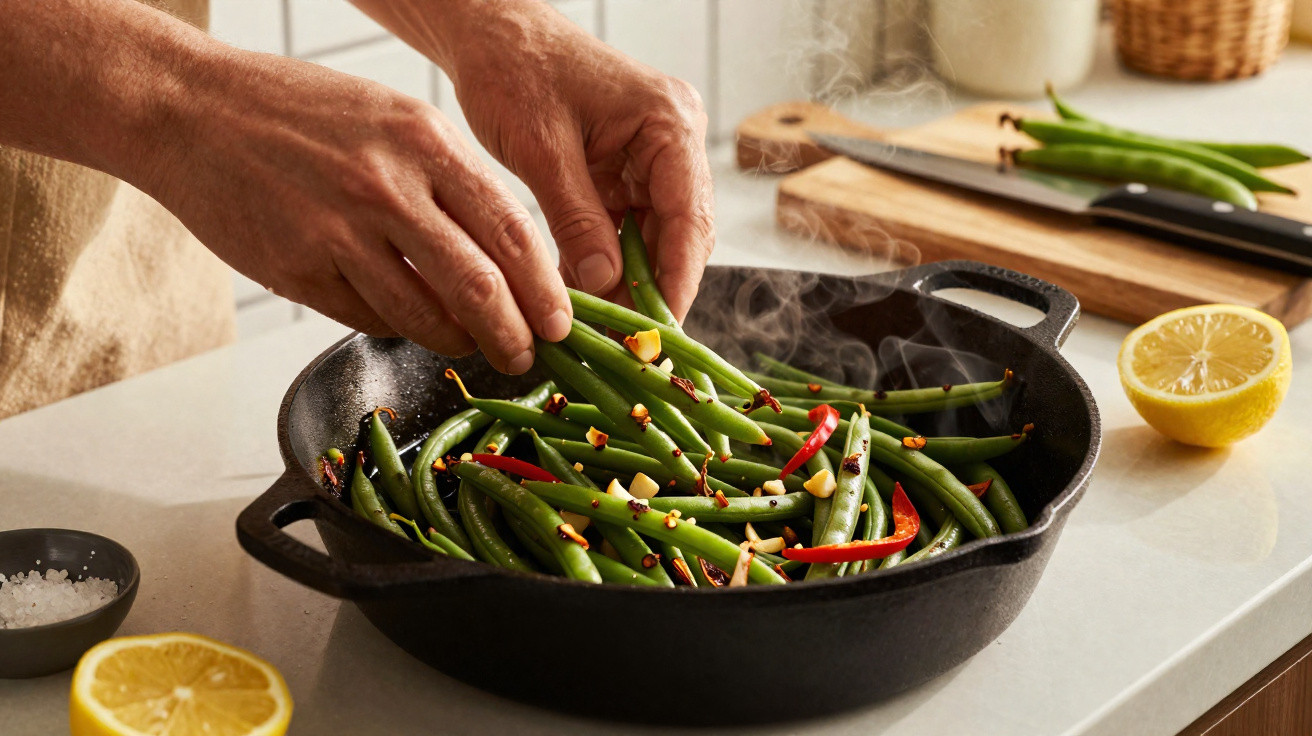 Mãos a cozinhar feijão verde e pimentos numa frigideira de ferro, com limão e sal na bancada.