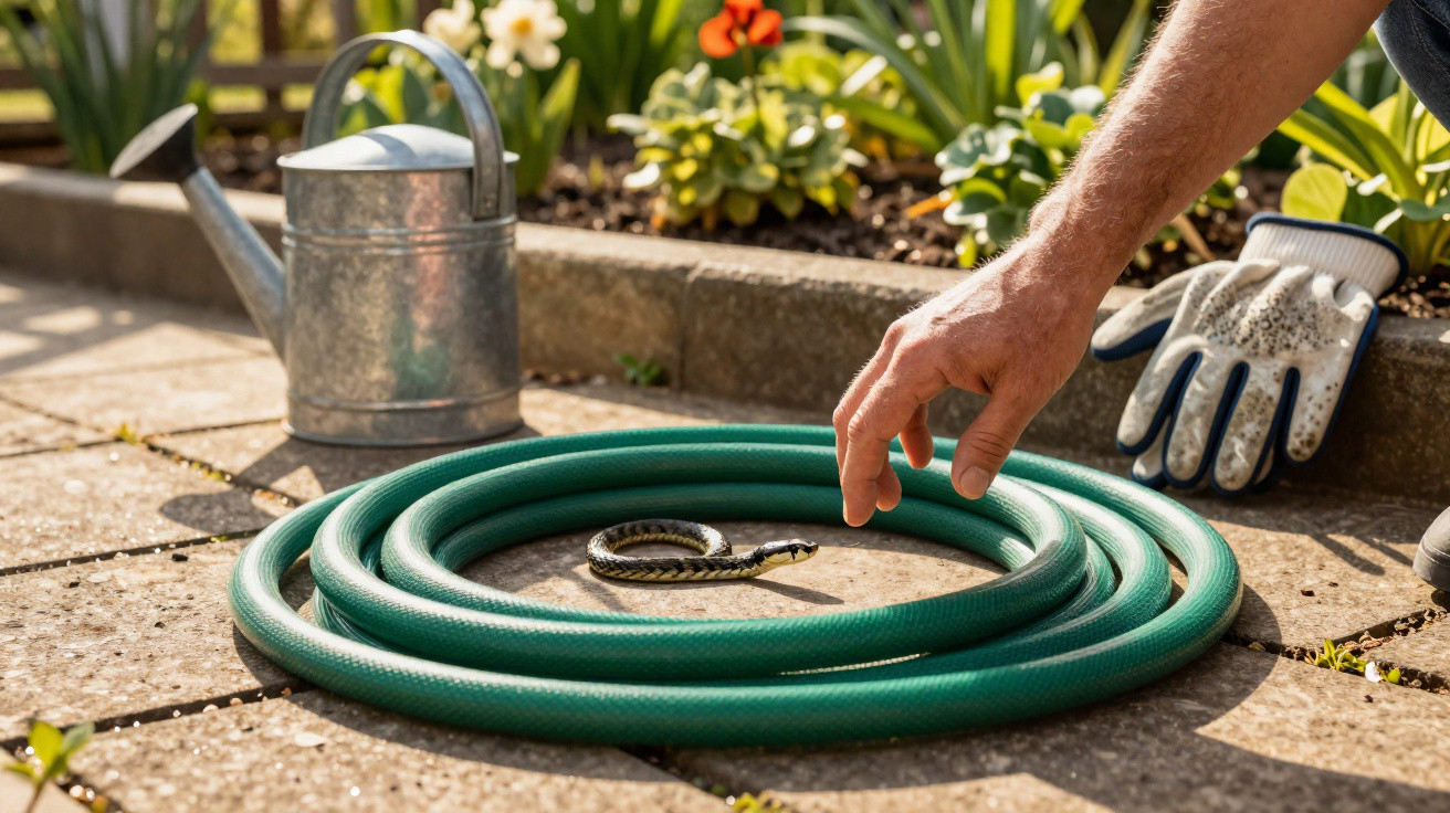 Cobra pequena enrolada numa mangueira de jardim verde com mão humana a aproximar-se cuidadosamente.