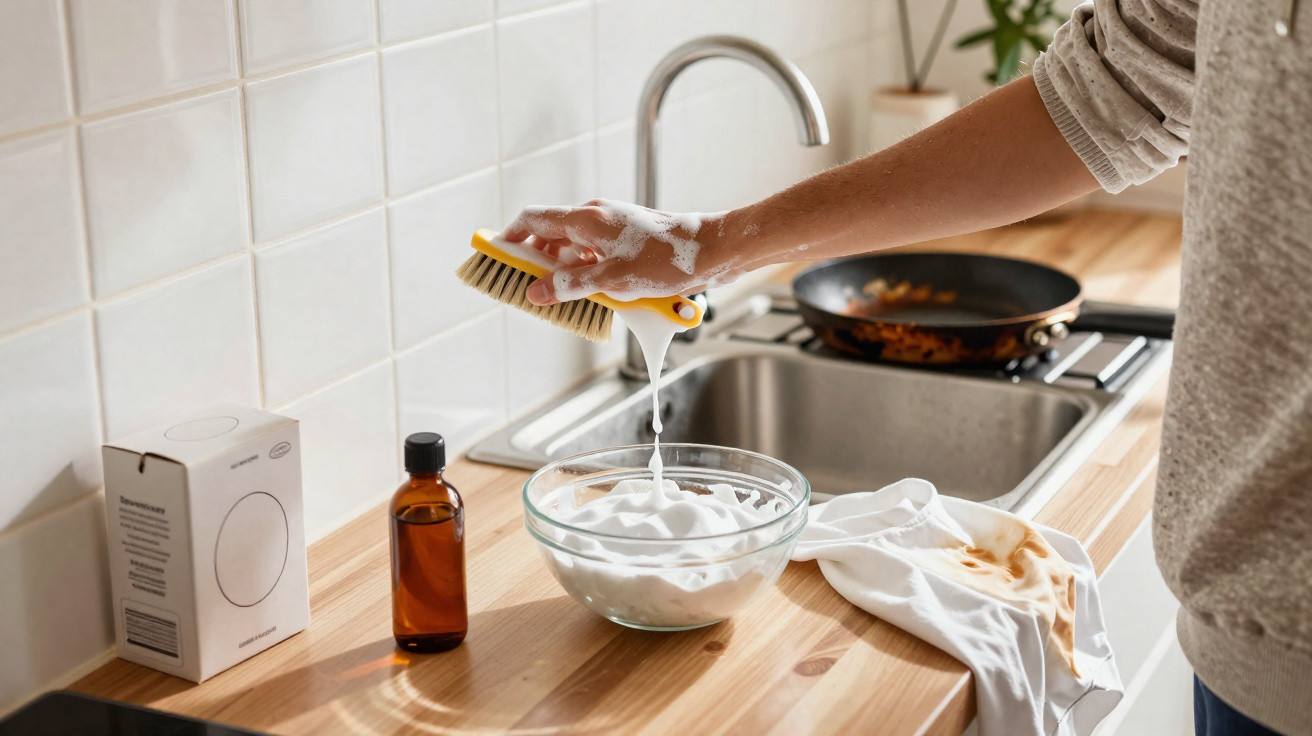 Pessoa a usar escova para limpar nódoas numa t-shirt branca com espuma branca numa bancada de cozinha.